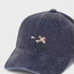 Airplane embroidered personalised hat in navy washed cotton baseball style.