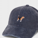 Navy blue Beagle Personalised Hat with embroidered hand-drawn Beagle design on front and customizable embroidery on back, made of 100% washed cotton.