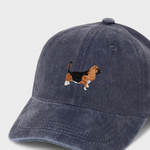 Navy washed cotton baseball hat with embroidered Basset Hound design and customizable back embroidery.