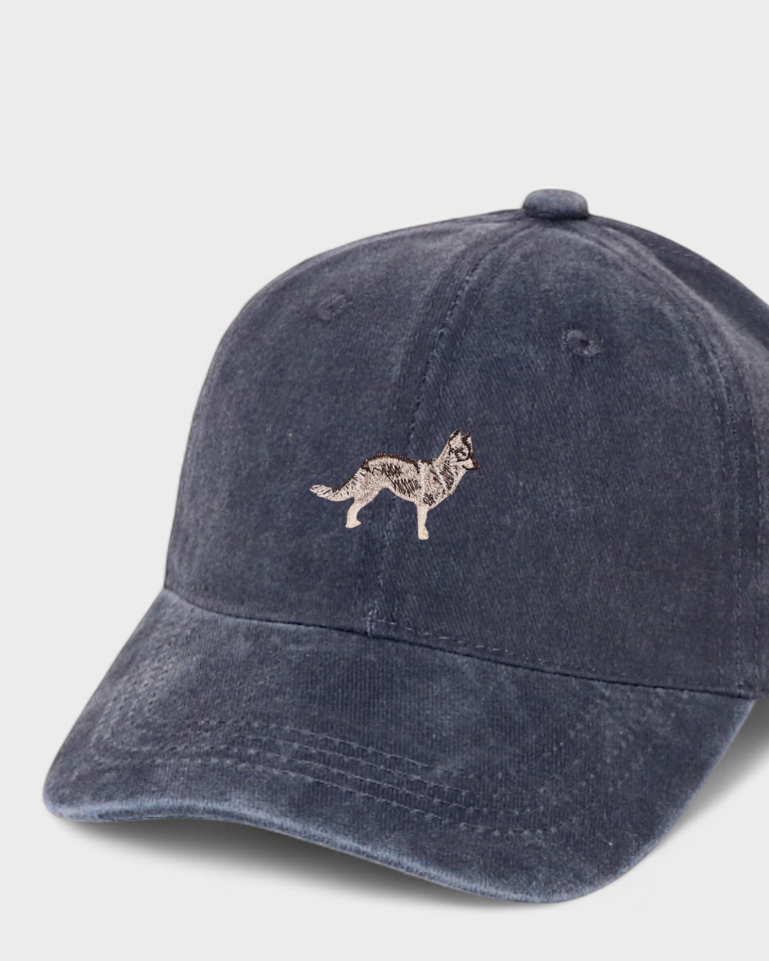Husky personalised hat with embroidered design and custom back embroidery.