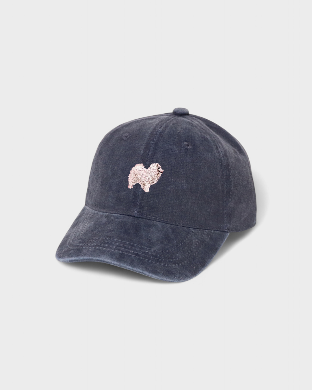 Japanese Spitz personalised navy blue washed cotton baseball hat with embroidered dog design