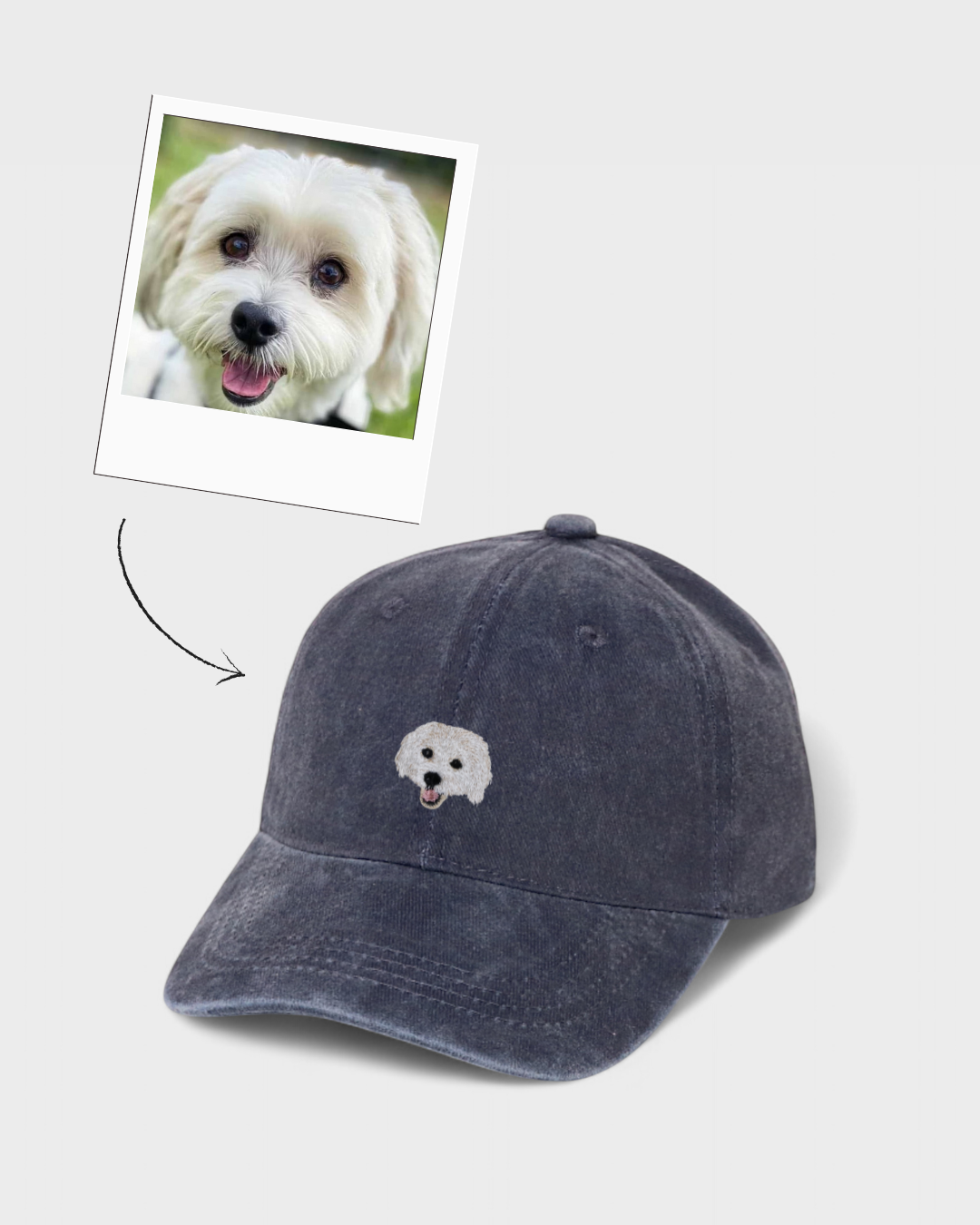 Custom pet hat with embroidered dog portrait on washed cotton baseball cap, personalized with custom text on the back