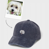 Custom pet hat with embroidered dog portrait on washed cotton baseball cap, personalized with custom text on the back