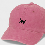 Pink baseball cap with black cat embroidery, personalised back options, 100% washed cotton