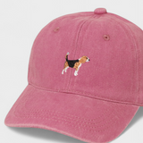 Pink Beagle Personalised Hat with embroidered Beagle design on front and custom embroidery option on back, made of 100% washed cotton.