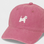 Pink personalised hat with embroidered West Highland White Terrier dog design on front