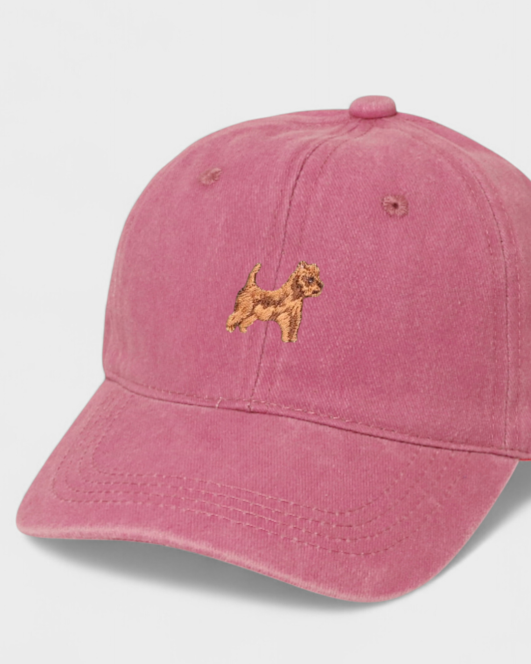 Australian Terrier embroidered personalised hat in pink baseball style, made of 100% washed cotton.