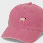Pink Pug Personalised Hat with embroidered pug design on front made of washed cotton in classic baseball style