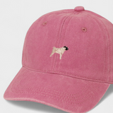 Pink Pug Personalised Hat with embroidered pug design on front made of washed cotton in classic baseball style