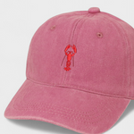 Pink washed cotton personalised hat with red lobster embroidery and customisable back embroidery in block or script font