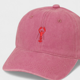 Pink washed cotton personalised hat with red lobster embroidery and customisable back embroidery in block or script font