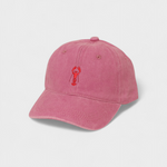 Pink washed cotton baseball cap with red lobster embroidery and personalised back embroidery option