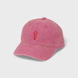 Pink washed cotton baseball cap with red lobster embroidery and personalised back embroidery option