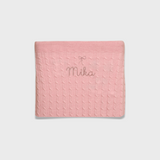 Pink merino baby blanket with embroidered name and vintage bow design