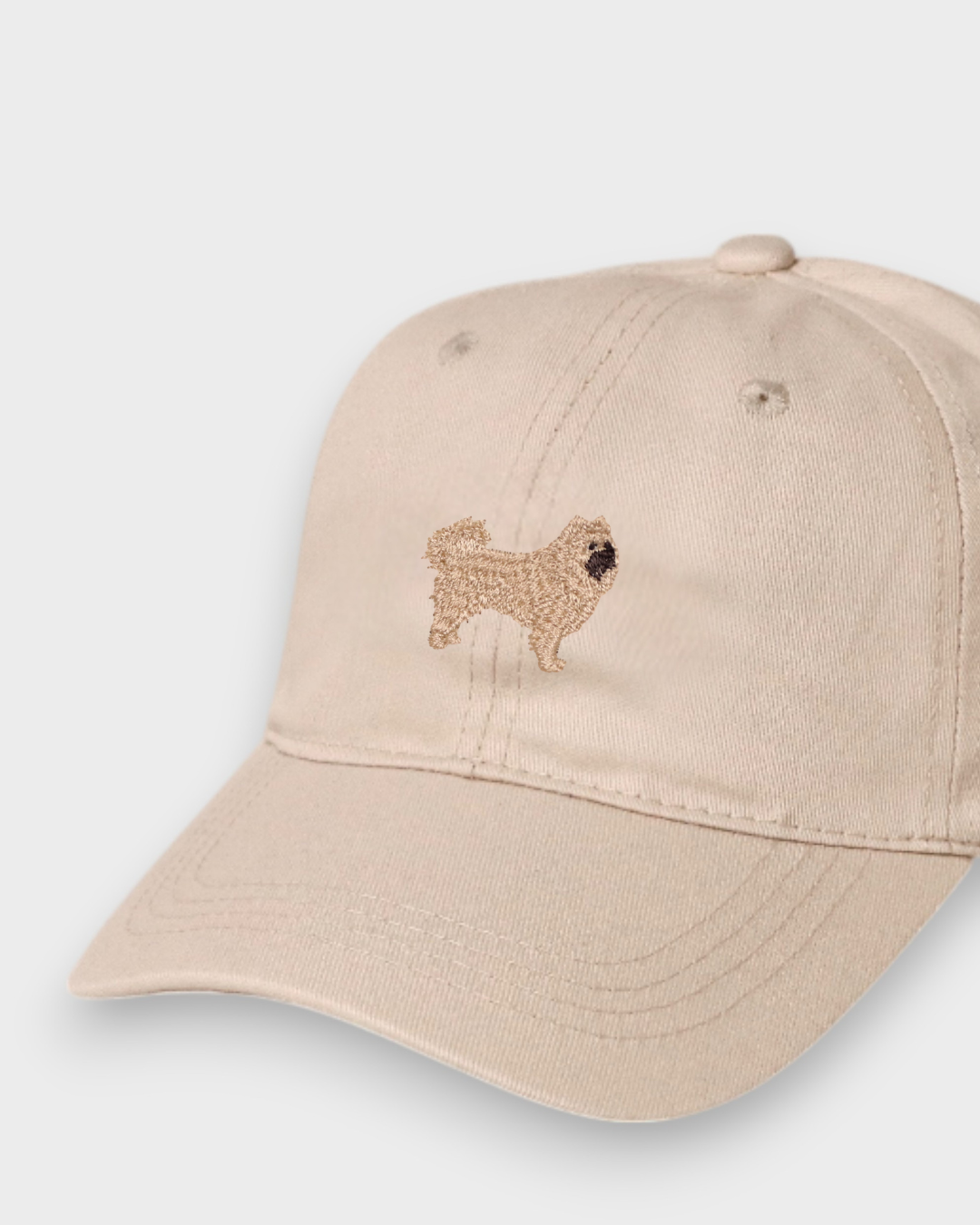 Chow Chow personalised hat with embroidered hand-drawn dog design on beige washed cotton baseball cap