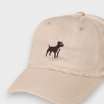 Beige baseball hat with embroidered Staffordshire Bull Terrier design on the front, made of 100% washed cotton.