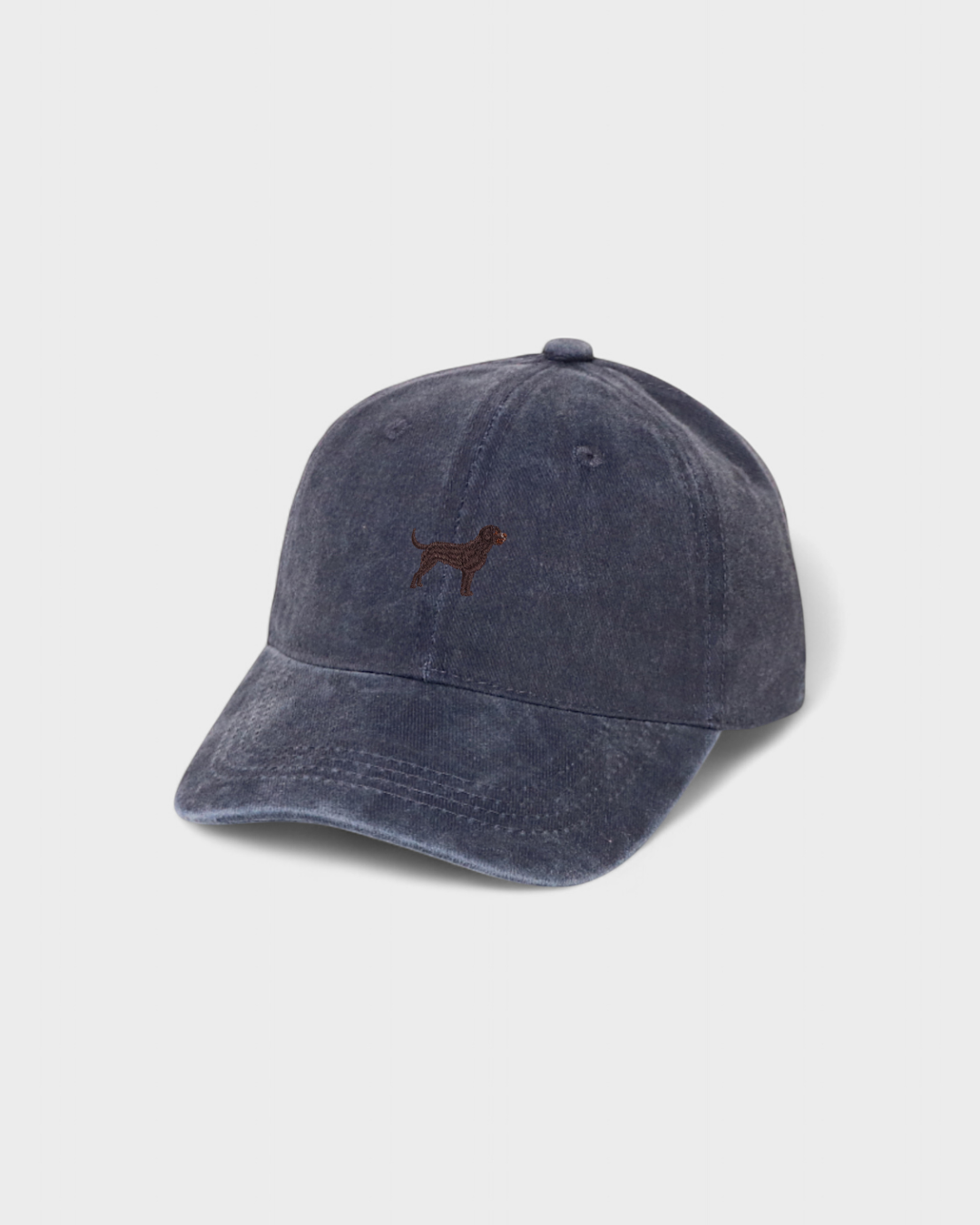 Personalised Labrador embroidered hat in washed cotton baseball style.