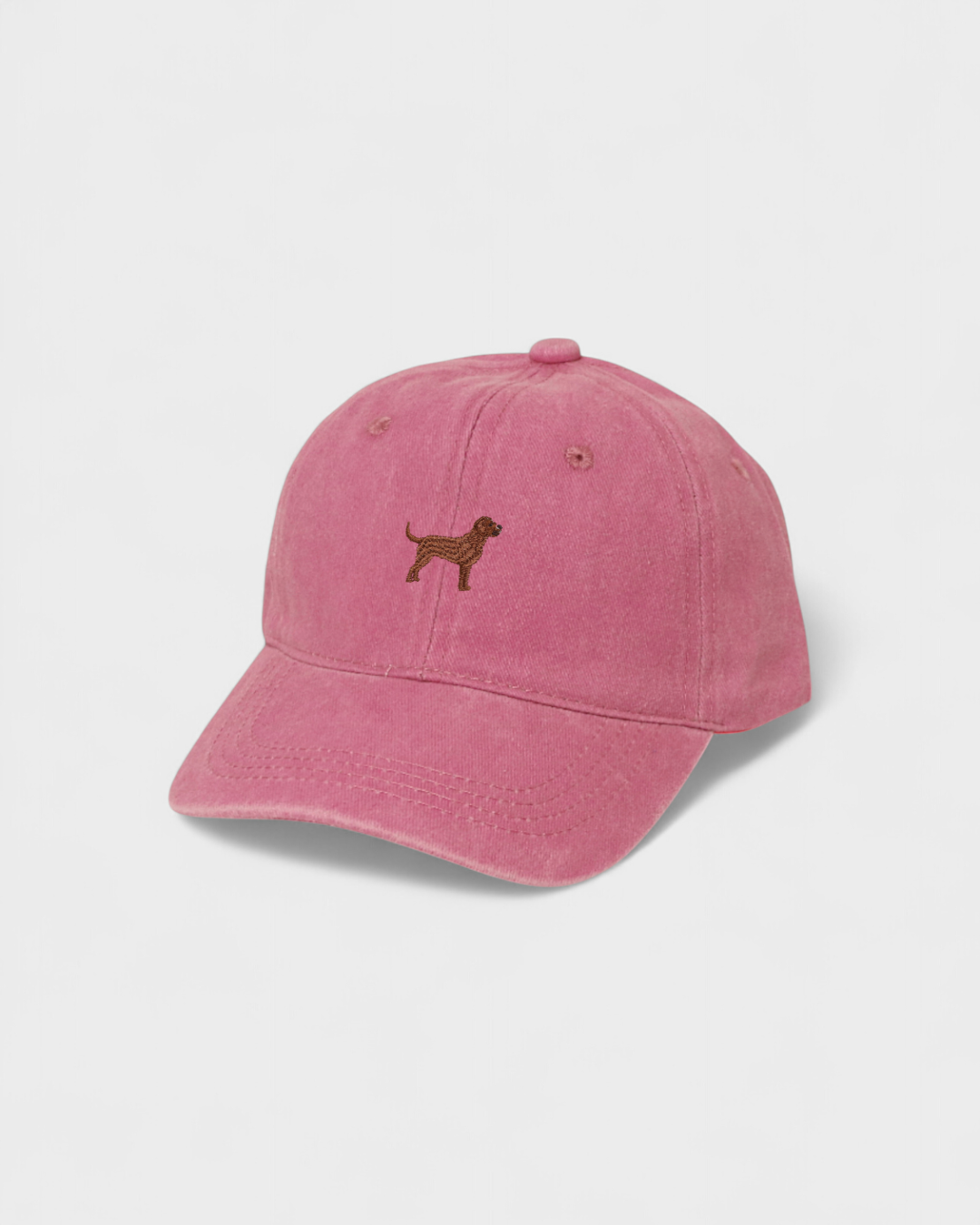 Pink Labrador personalised hat with embroidered Labrador design on front, baseball fit, made of 100% washed cotton.