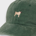 Green washed cotton baseball cap with embroidered hand-drawn pug design on front, personalized embroidery on back available, Pug Personalised Hat.