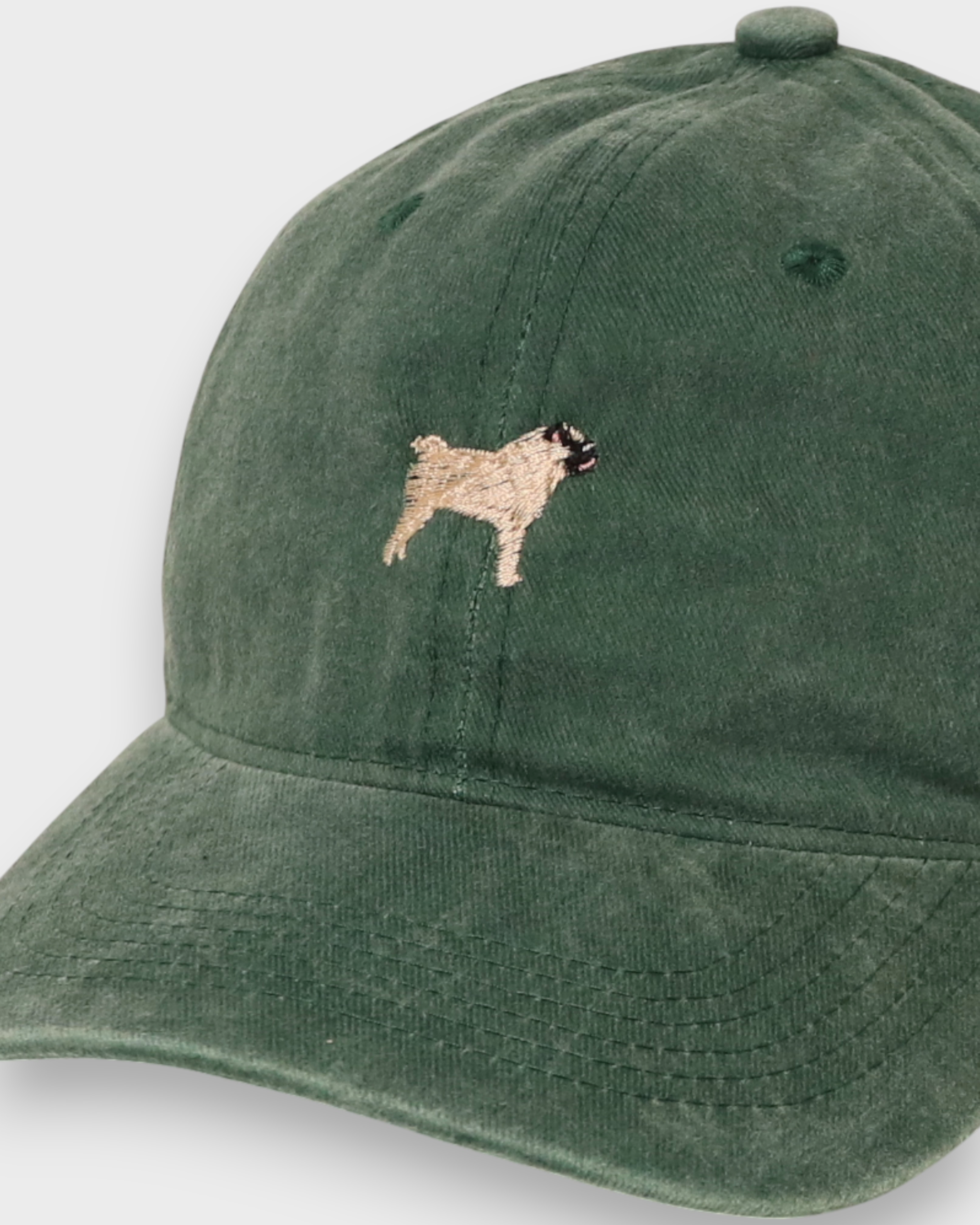 Pug Personalised Hat with embroidered pug design on green washed cotton baseball cap.