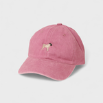 Pink Pug Personalised Hat with embroidered hand-drawn pug design on front, made of 100% washed cotton in classic baseball fit.