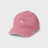 Pink Pug Personalised Hat with embroidered hand-drawn pug design on front, made of 100% washed cotton in classic baseball fit.