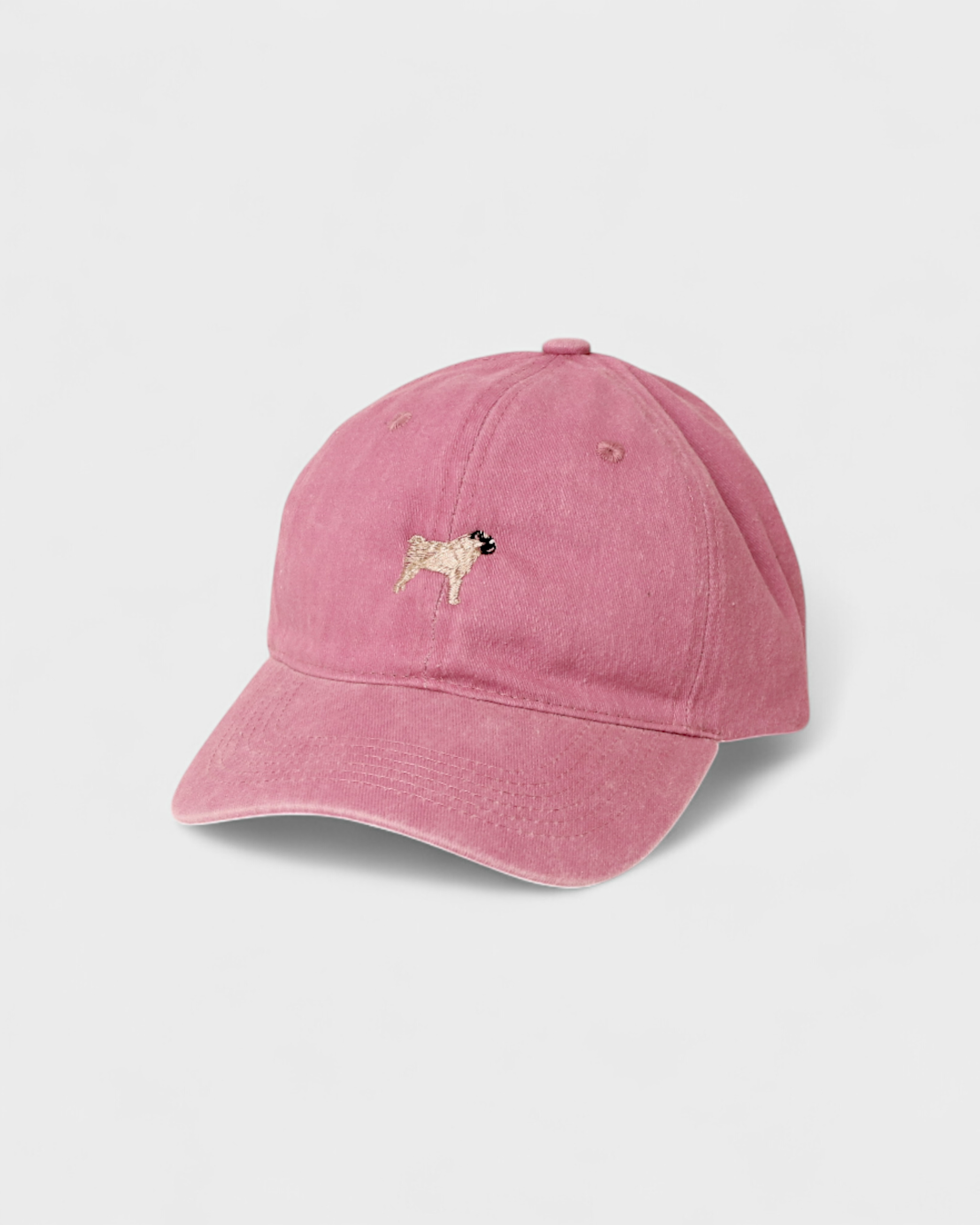 Pug Personalised Hat with hand-drawn embroidered design, made of 100% washed cotton.