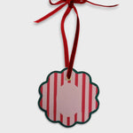 Custom pet ornament with red velvet ribbon and scalloped edge, striped red and pink design, 10cm x 10cm pet ornaments for holiday decor