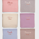 Merino Baby Blanket with Rosette Design and personalized embroidery.