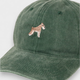 Green Schnauzer personalised hat with embroidered dog design on front, made of 100% washed cotton in classic baseball style.