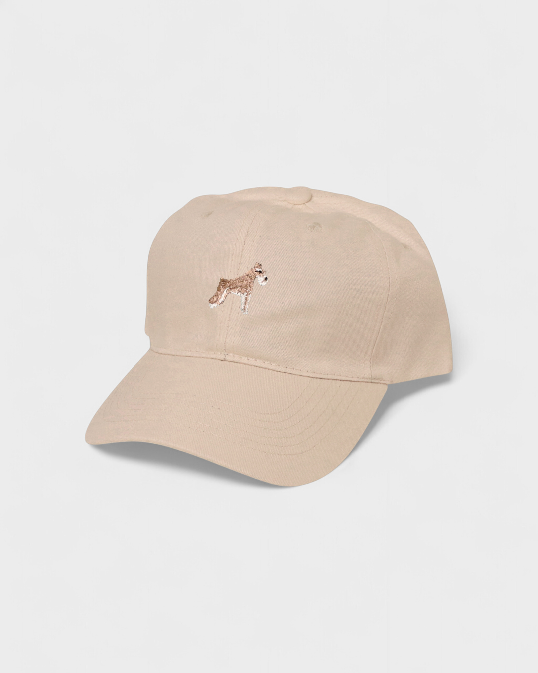 Schnauzer personalised hat with embroidered design on front, customizable embroidery on back, made of 100% washed cotton.