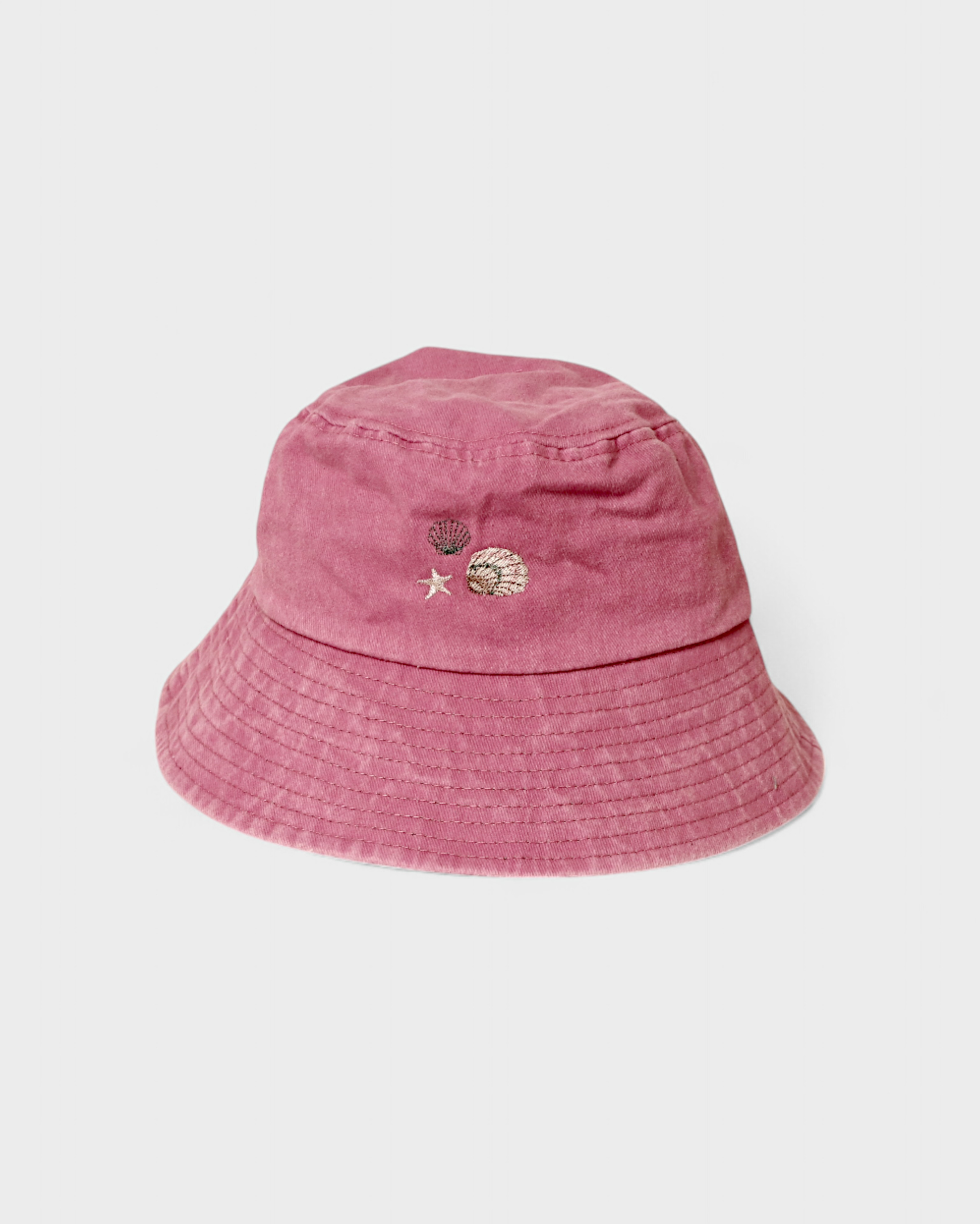 Shells Personalised Bucket Hat in pink with embroidered seashell design, for ages 2-6.