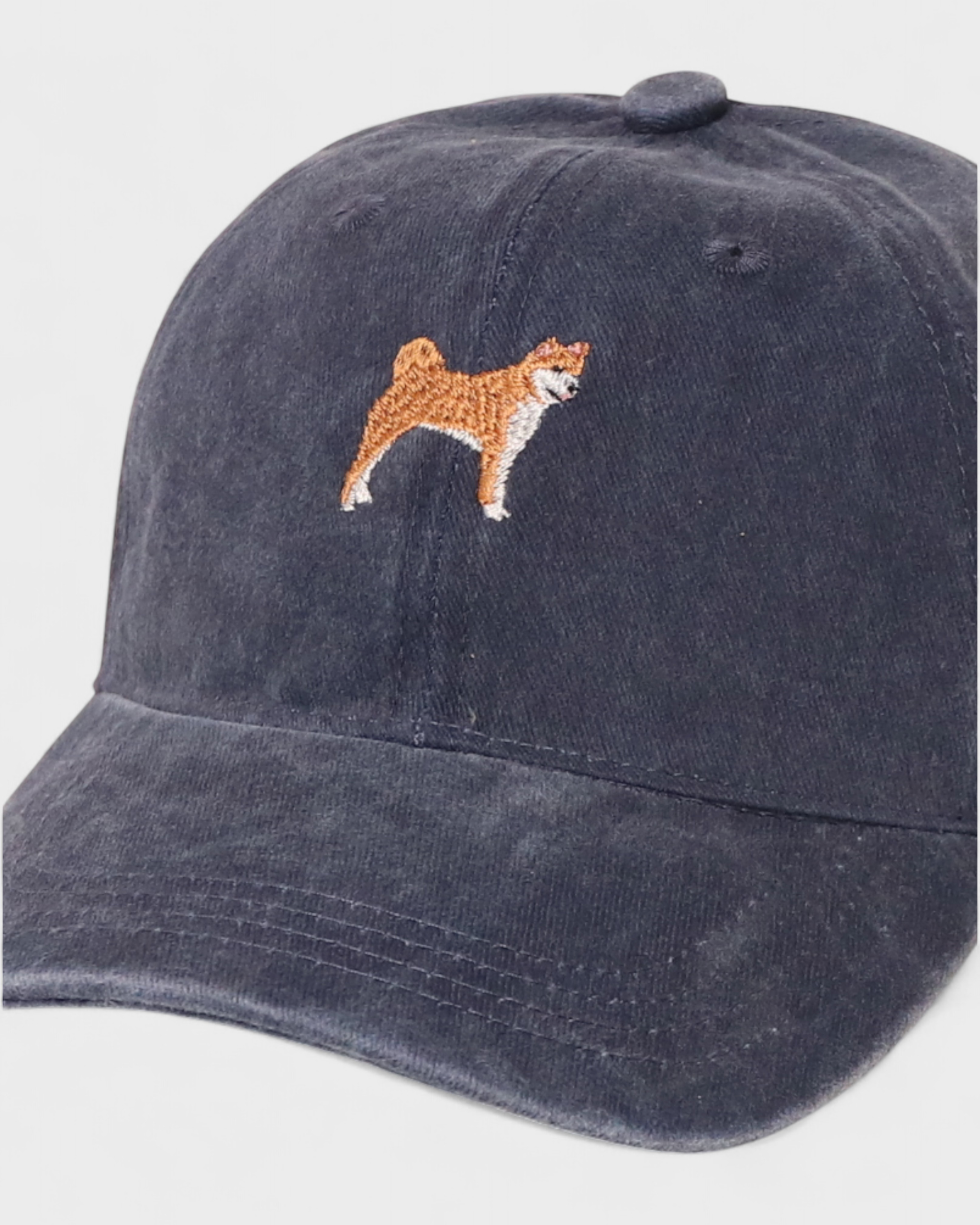 Shiba Inu personalised hat with embroidered dog design, made of 100% washed cotton.