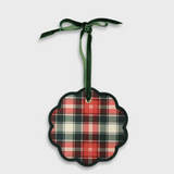 Red and green tartan pet ornament with velvet ribbon for hanging, customizable with pet name or photo, 10cm x 10cm.