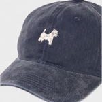 Personalised hat with embroidered West Highland White Terrier design on navy washed cotton baseball cap