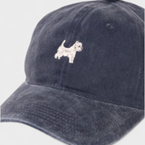 Personalised hat with embroidered West Highland White Terrier design on navy washed cotton baseball cap