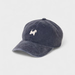 Navy blue personalised hat with embroidered West Highland White Terrier design on front and customizable embroidery on back, made of 100% washed cotton.
