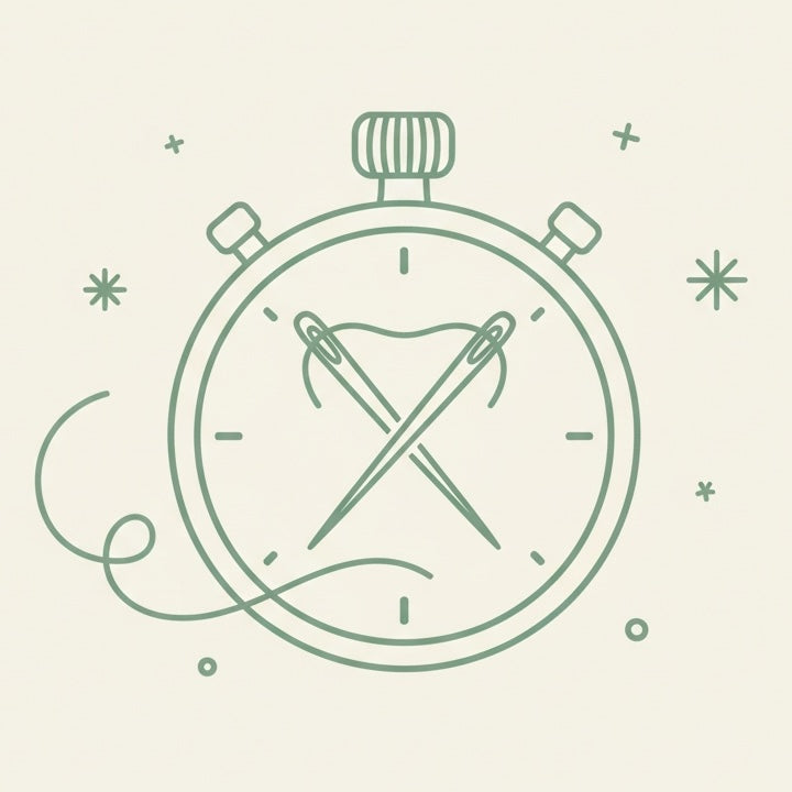 Minimalist stopwatch with needle and thread symbolizing rush order service