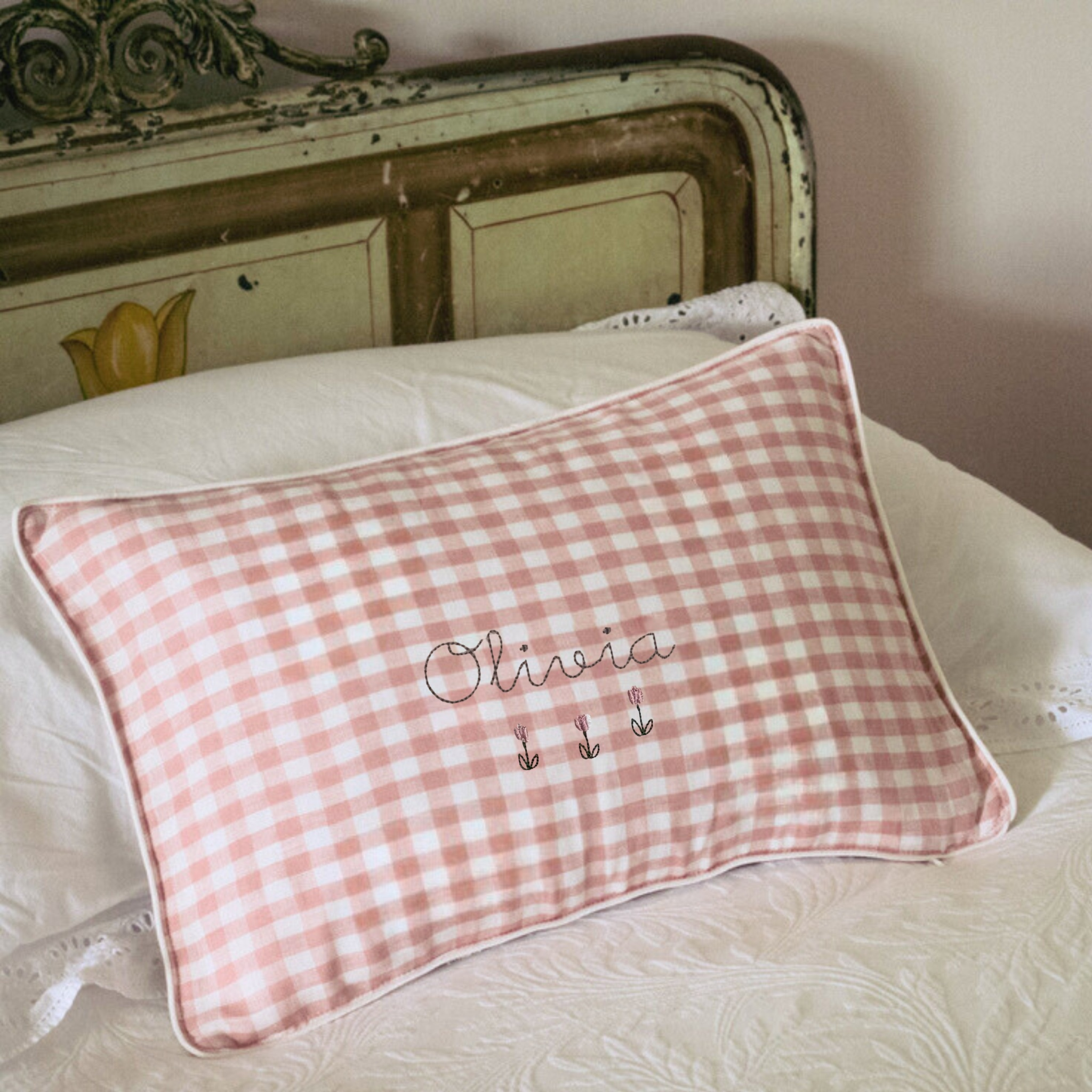Botanical Cushion - Pink Gingham Linen with Personalized Embroidery, Ideal for Newborn Gifts.