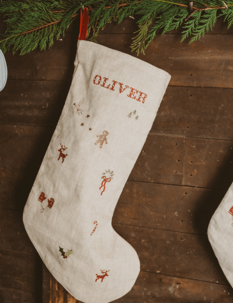 Holiday Pattern Linen Stocking - Namesake Embroidery Studio