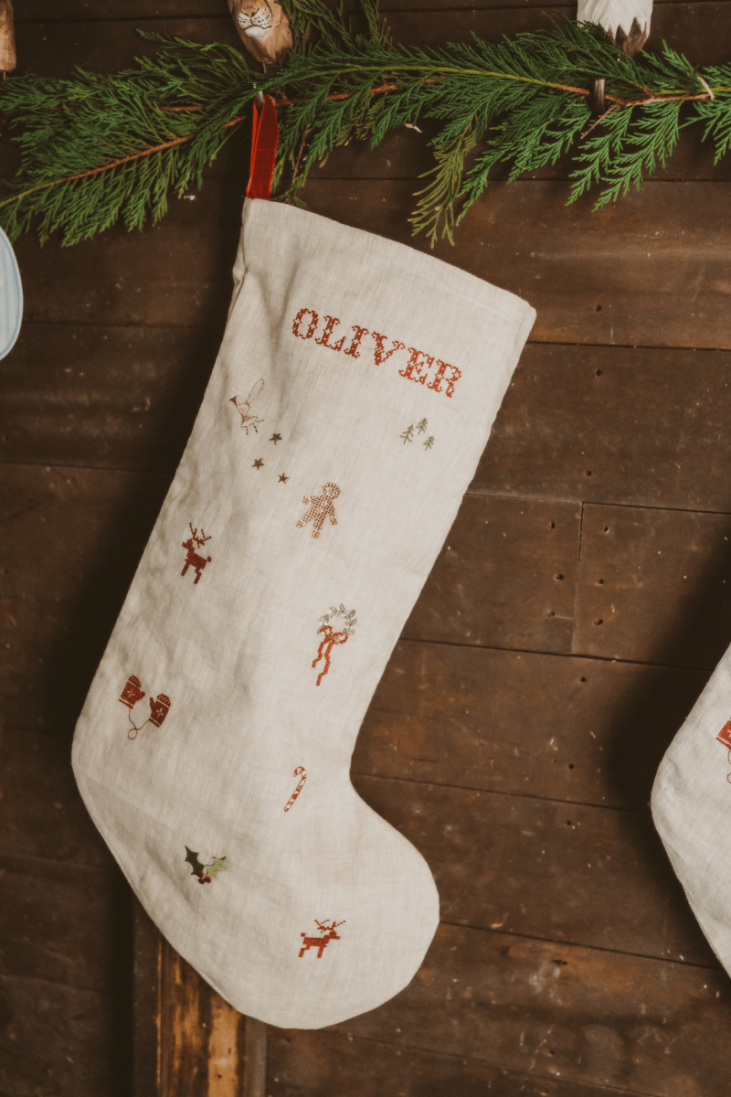Holiday Pattern Linen Stocking - Namesake Embroidery Studio