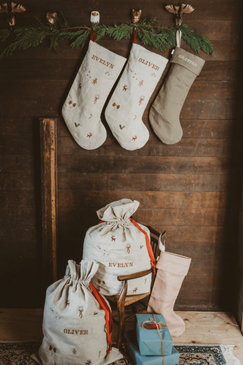 Holiday Pattern Linen Stocking - Namesake Embroidery Studio