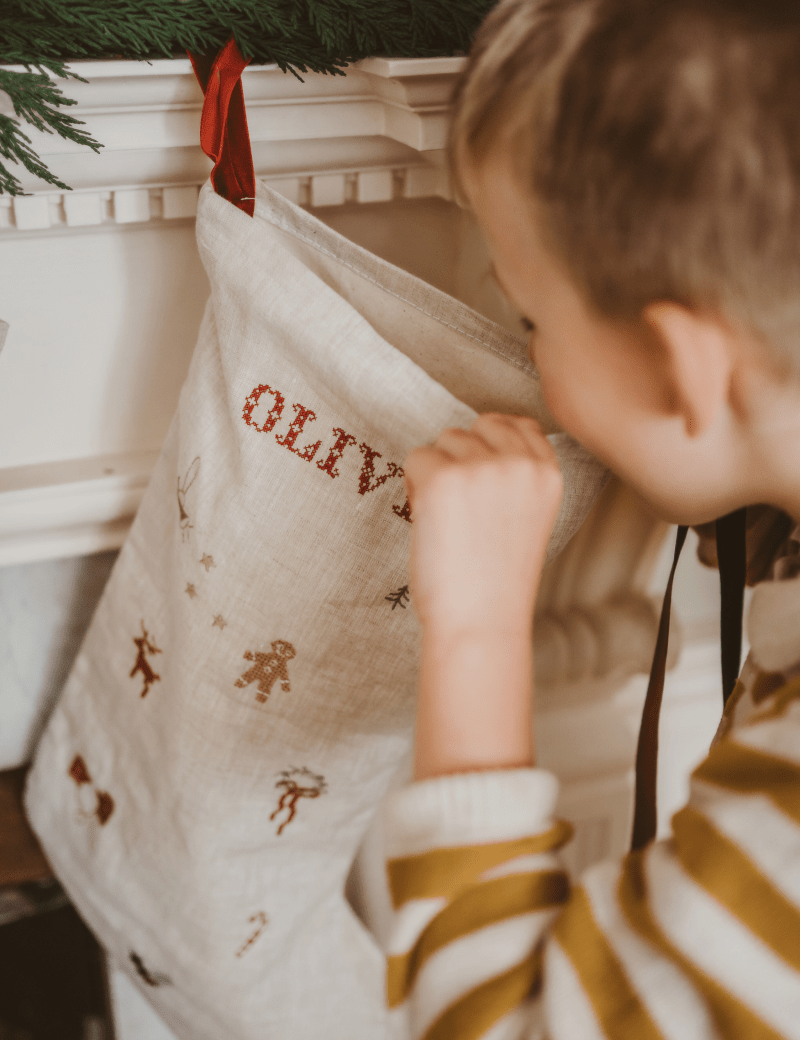 Holiday Pattern Linen Stocking - Namesake Embroidery Studio