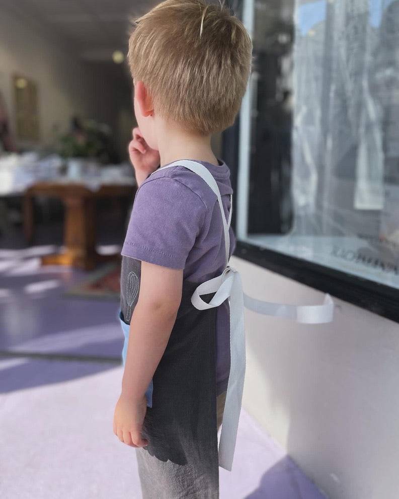 Kids Blue on Stone Grey Linen Apron - Namesake Embroidery Studio