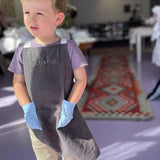 Kids Blue on Stone Grey Linen Apron - Namesake Embroidery Studio