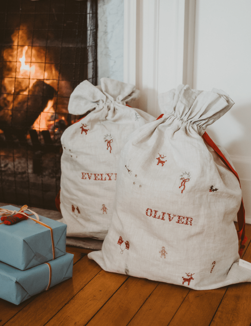 Linen Pattern Santa Sack - Namesake Embroidery Studio
