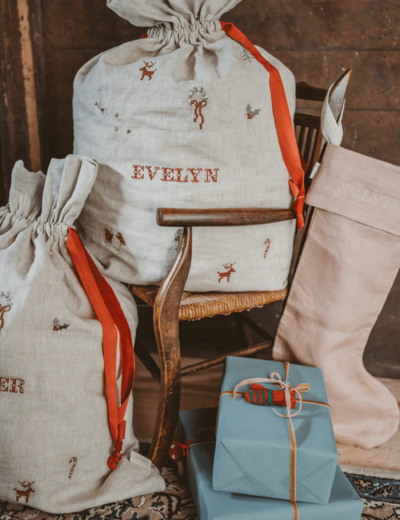 Linen Pattern Santa Sack - Namesake Embroidery Studio