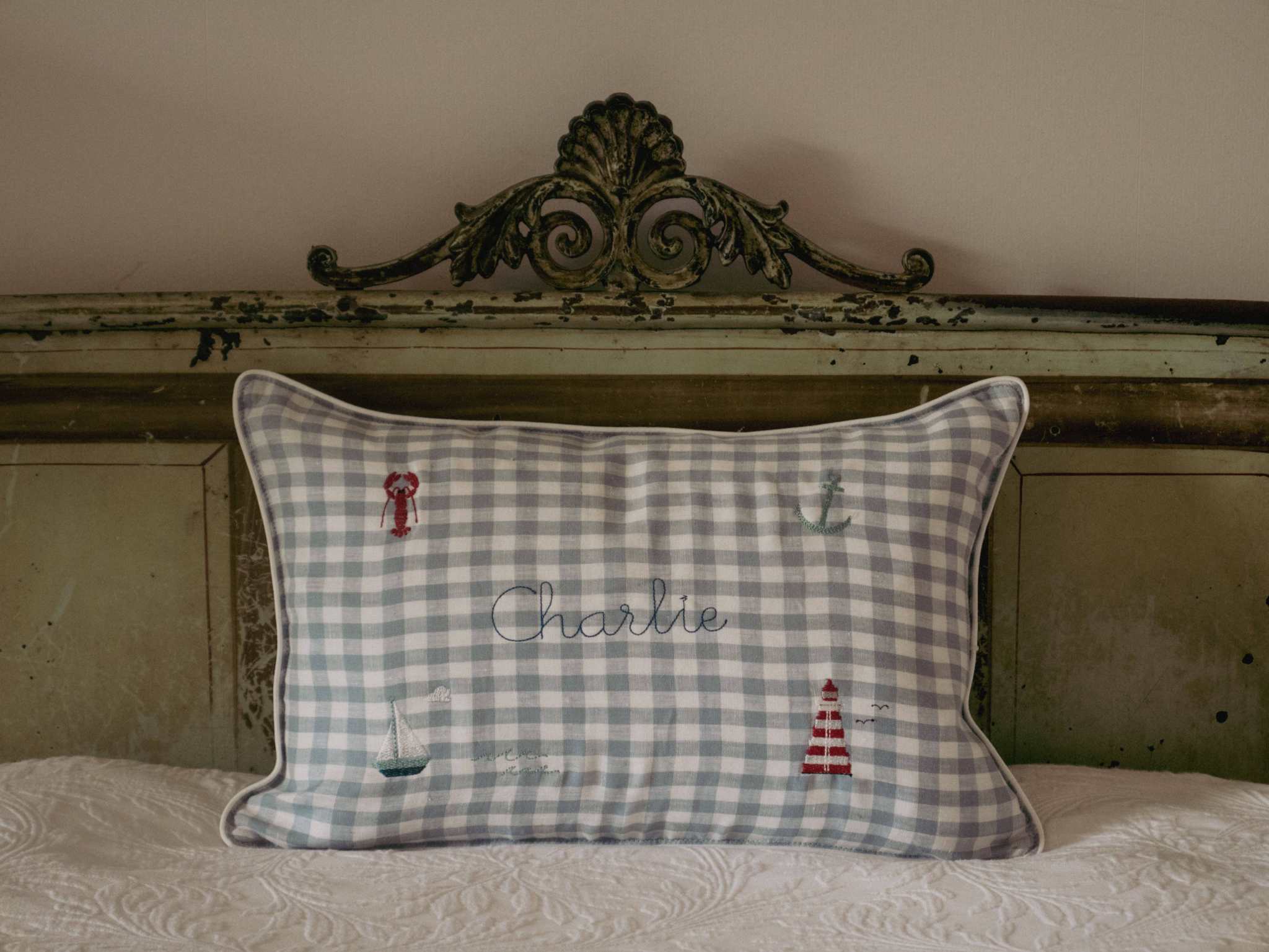 Nautical Cushion - Duck Egg Blue Gingham Linen