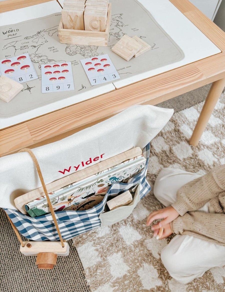 Personalised Chair Bag - Blue Gingham - Namesake Embroidery Studio