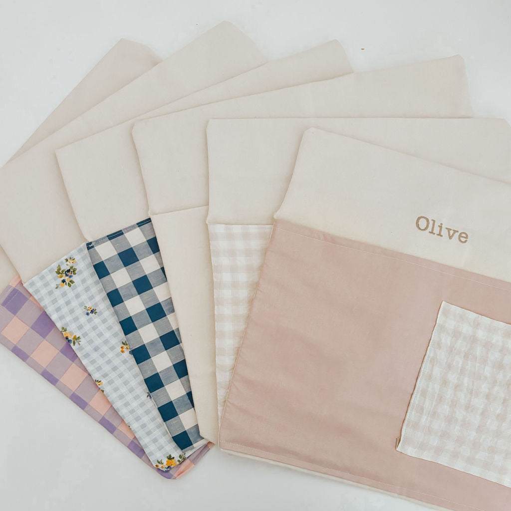Personalised Chair Bag - Canvas with Gingham Pocket - Namesake Embroidery Studio